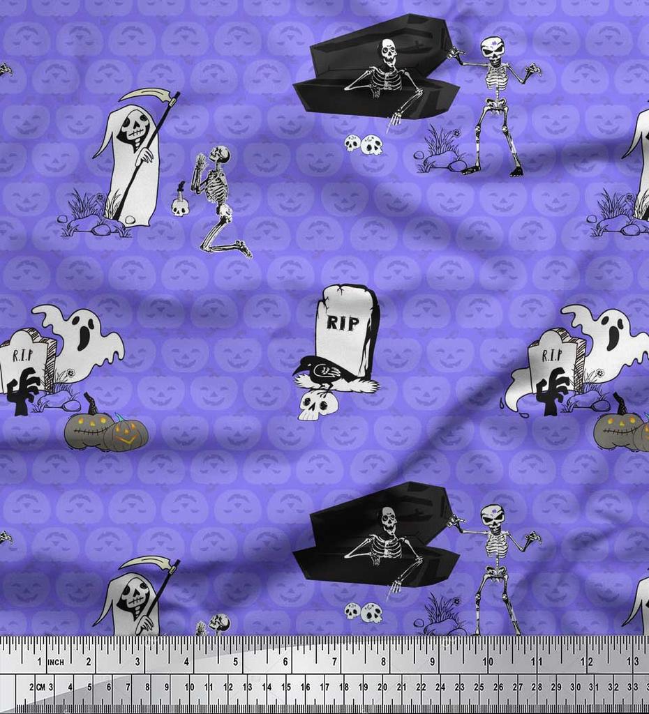 Soimoi Green Japan Crepe Satin Fabric Pumpkin & Skull Halloween Print Fabric by metre 42 Inch