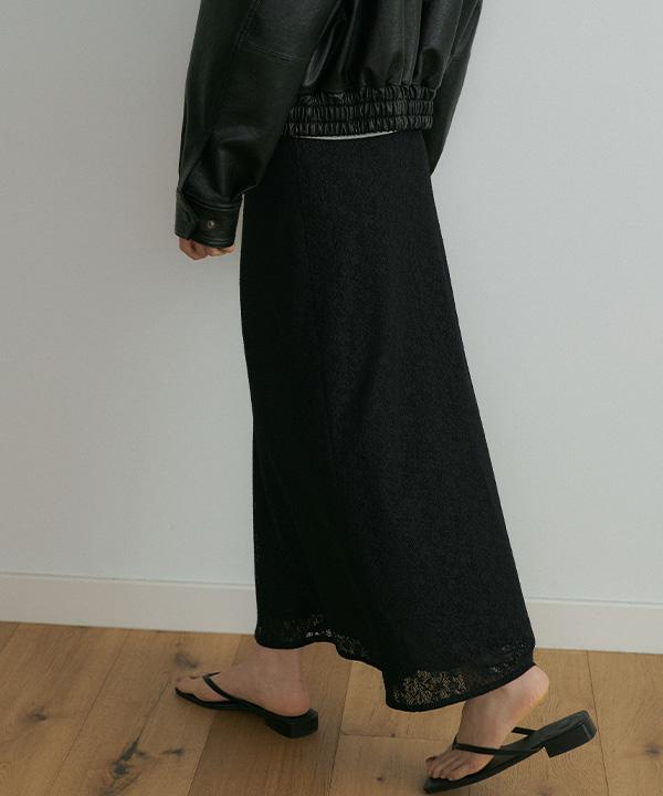 Lingseoul [Select Length] Lace Banding Skirt-Black (Midi/Long)