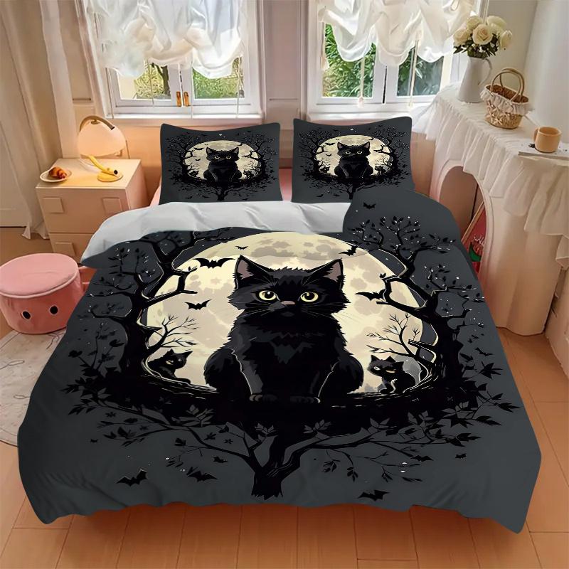 3pcs Moon and Black Cat Creative Design Printed Quilt Set - Soft and Comfortable Quilt Cover for Bedroom, Guest Room and Dormitory Decorativ