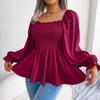 Summer Women Chiffon Shirt Long Sleeve Square Neck Solid Color Tops with Wooden Ears