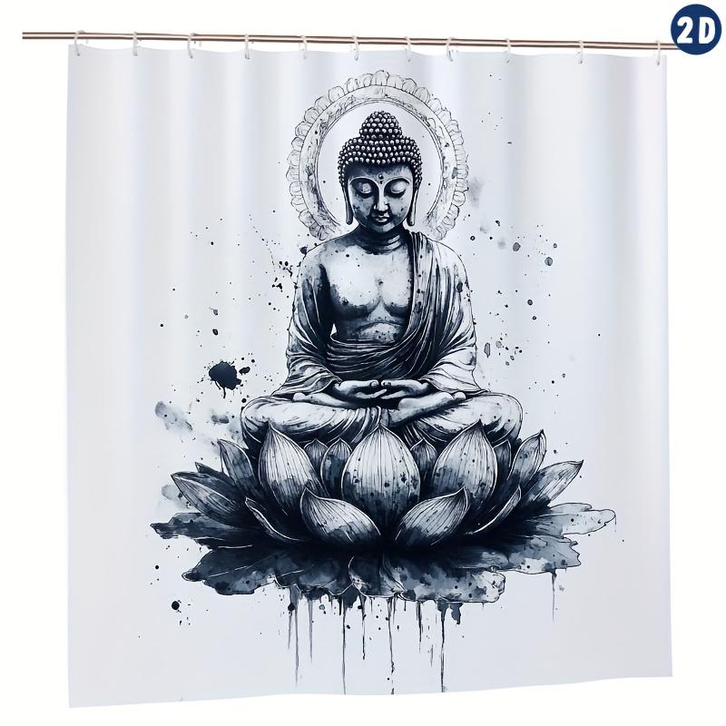 Tattoo Design Buddha on Lotus Shower Curtain, Durable Polyester, Easy Clean, Includes Hooks, Perfect for Bathroom & Window Decor