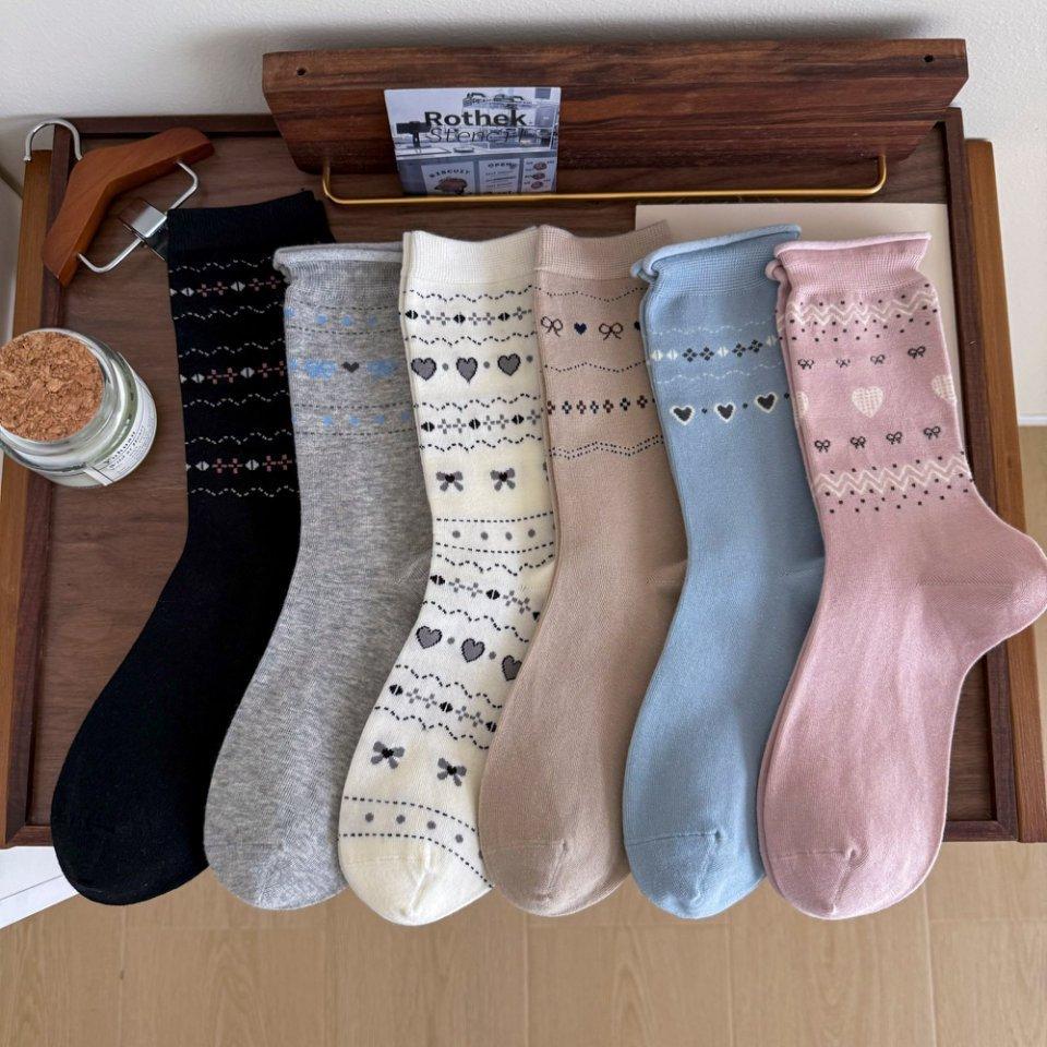 Gray Socks Girls' College Style Sweet Little Love Heart Socks Wear Cute Student Stockings Outside In Spring And Autumn