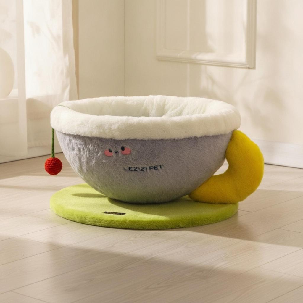 Snug Cat Bed with Toy | Cushioned, Coffee mug feline Bed, Scratch-Friendly, for