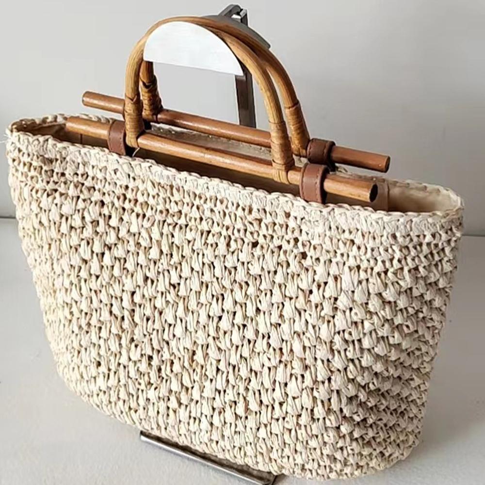 Bolsa de Palha com Alça de Madeira Feita à Mão com Corda de Papel Bolsas de Mão Tecidas Boêmia Bali Sacolas de Viagem para Praia para Mulheres Sacola Tote Vazada