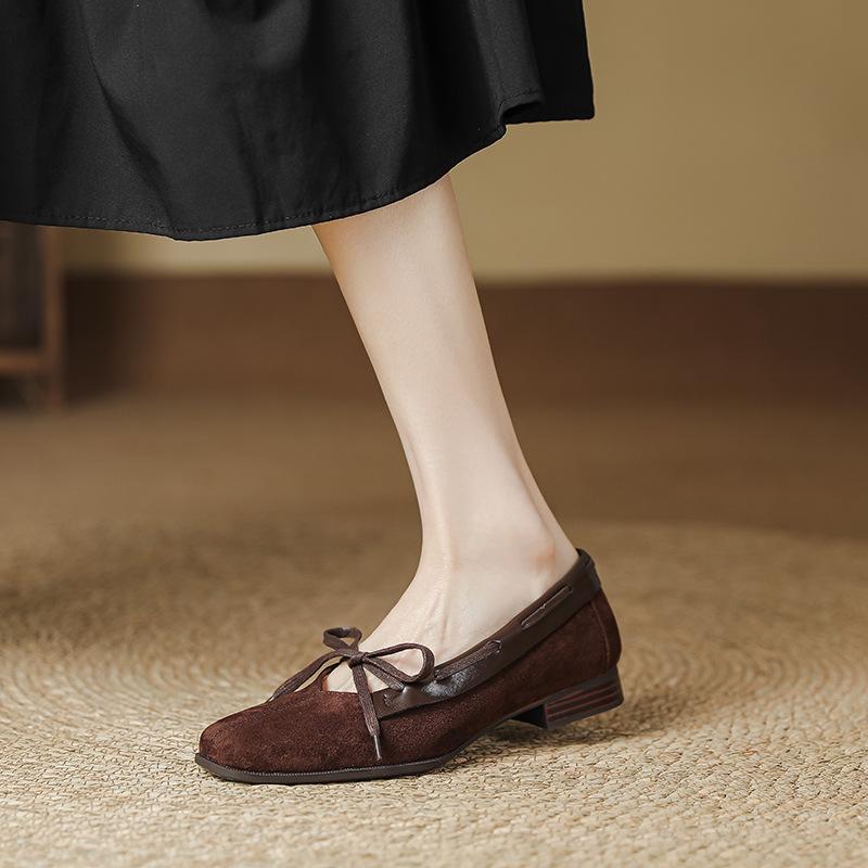 Suede square head ballet shoes women's spring and summer flat-soled single shoes light mouth flat heel retro bow Mary Jane women's shoes