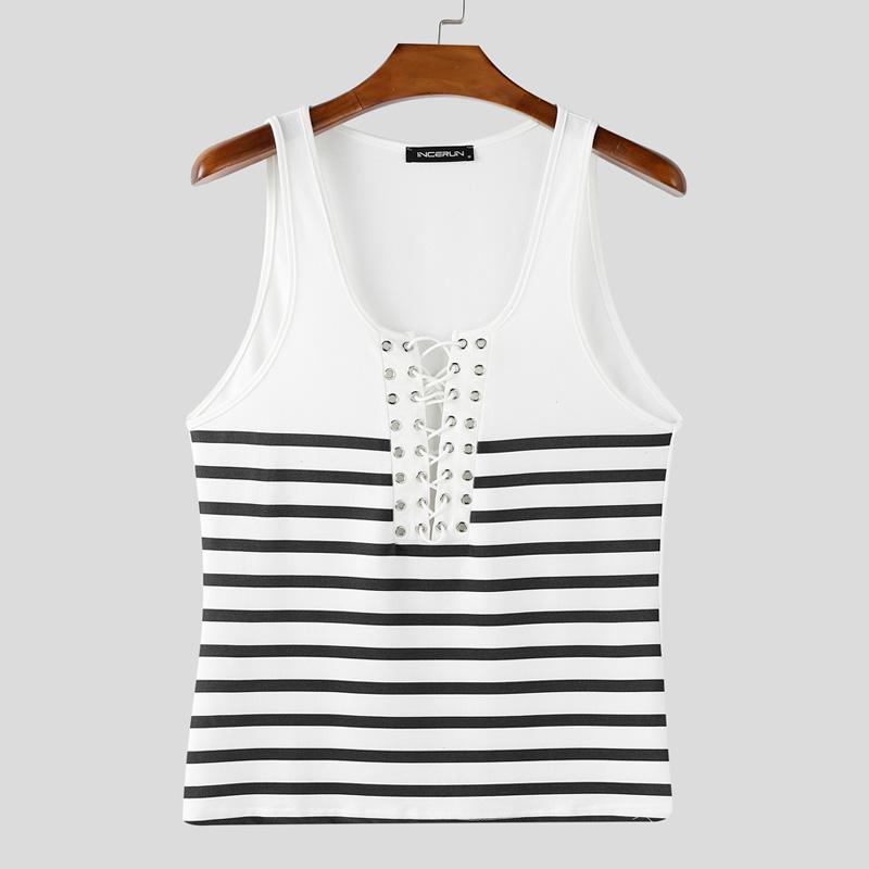 

INCERUN Men Bandage Neck Sleeveless Striped Casual Tank Tops Undershirts S чёрный