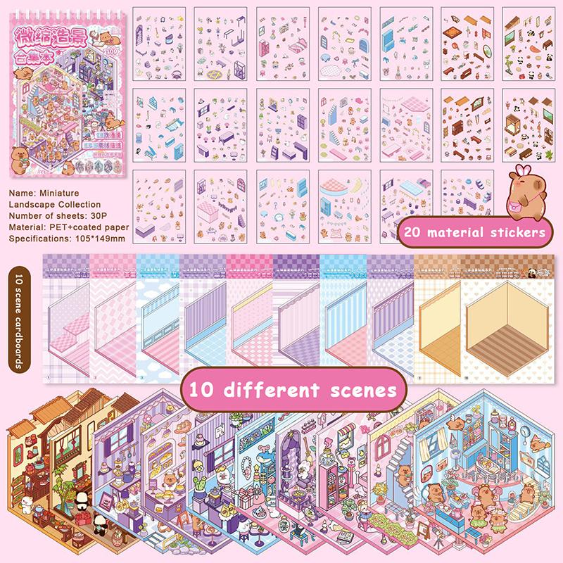 1 Set  Cabin Scene Pocket Stickers Cartoon Diy 3D Landscape Sticker Book Festival Birthday Gift For Student Kid Child