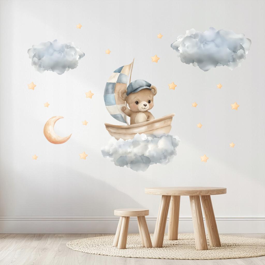 Teddy Bear In A Boat On Clouds And Stars Wall Stickers For Children'S Room