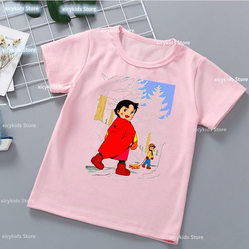 Kawaii Girls T-Shirt Funny Heidi And Family Cartoon Print Kids Summer Shirt Tops Fashion Girls Clothes Cute Kids Clothes Tshirt