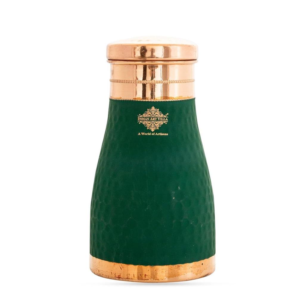 Pure Copper Bedroom Water Bottle with Inbuilt Glass, Green Silk Finish Hammered Design, Drinkware & Storage Purpose - Volume 950 ML (Pack of 1)