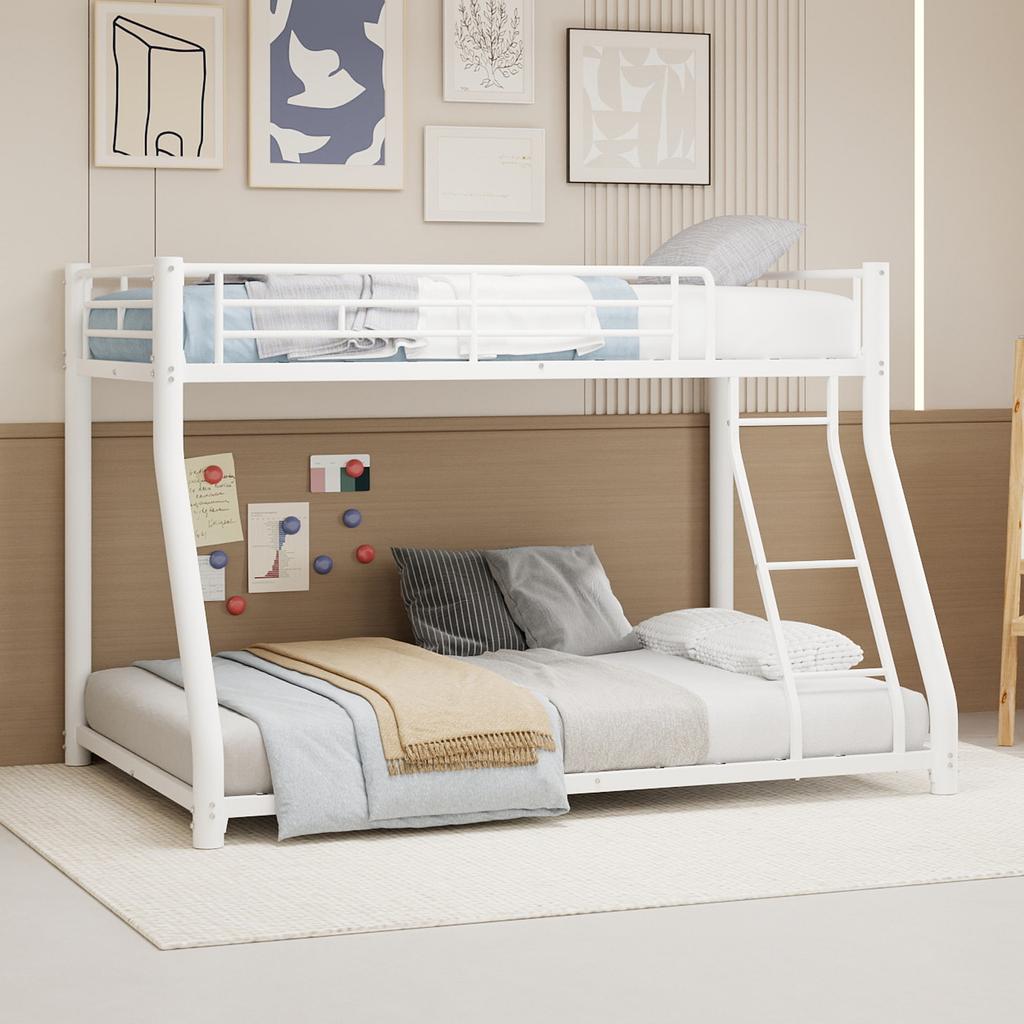 Estrutura de Metal Robusta para Cama Beliche, uma cama superior de 90*140cm e uma cama inferior de 140*190cm, Design que Economiza Espaço com Escada e Grades de Proteção de Comprimento Total.