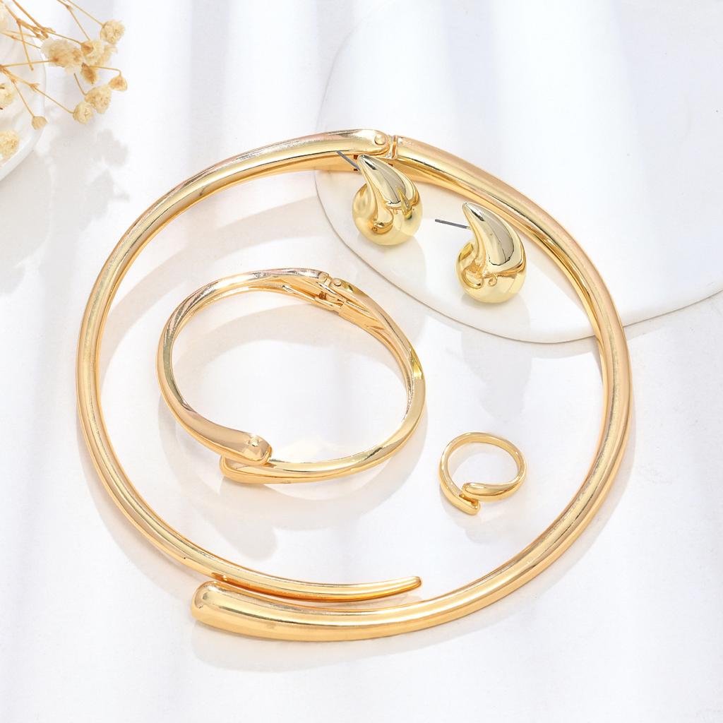 Heavy Metal Temperament Geometric Ring Glossy Water Drop Collar Bracelet Earrings Jewelry Set