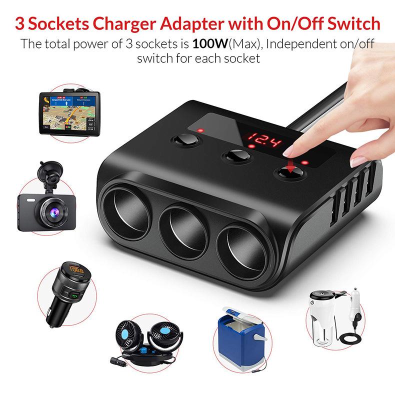 High Power Car Charger: 1 To 3 Lighter Socket Extension & 4-Port USB with Independent Switches TR12