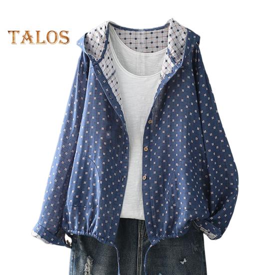 Women Spring Autumn Coat Hooded Drawstring Hem Long Sleeve Printing Loose Zipper Closure Jacket with Pockets Daily Wear Commuting Outerwear