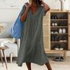 Women Casual Long Cotton V Neck Solid Color Simple Style Baggy Dress 1Pc