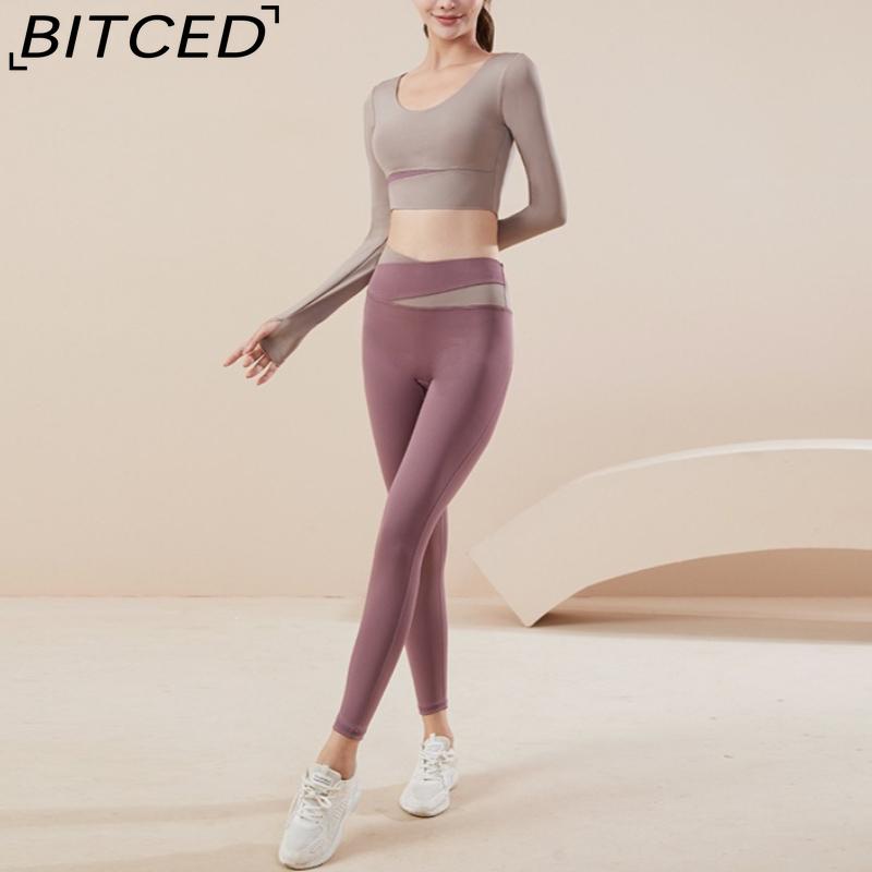 BITCED Color-Block Long Yoga Set Quick-Dry Seamless Nude-Feel Fitness Wear Seamless Slimming Breathable Sports Set