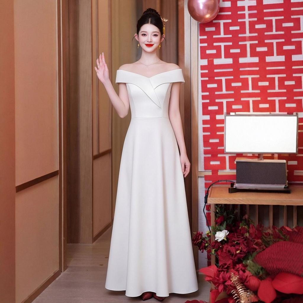 High-end White One-word Shoulder Evening Dress Female Banquet Host Temperament Simple Slim Long Performance Dress Dress