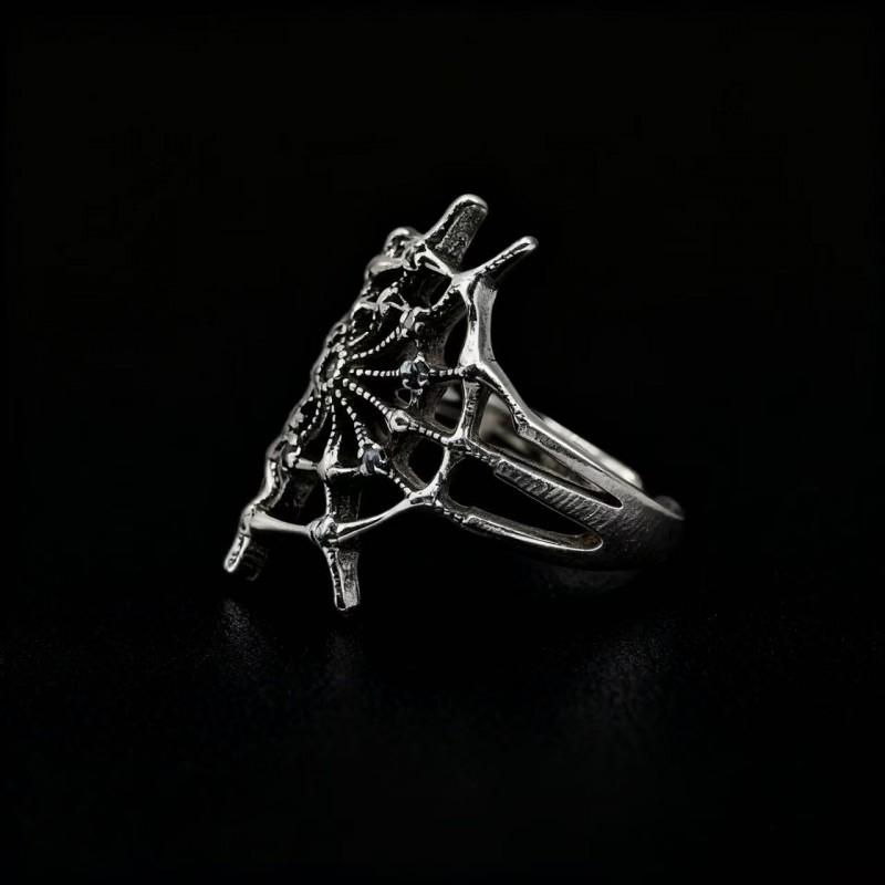 Adjustable Gothic Vintage Spiderweb Ring With Black Purple Crystal Inlay Women Men