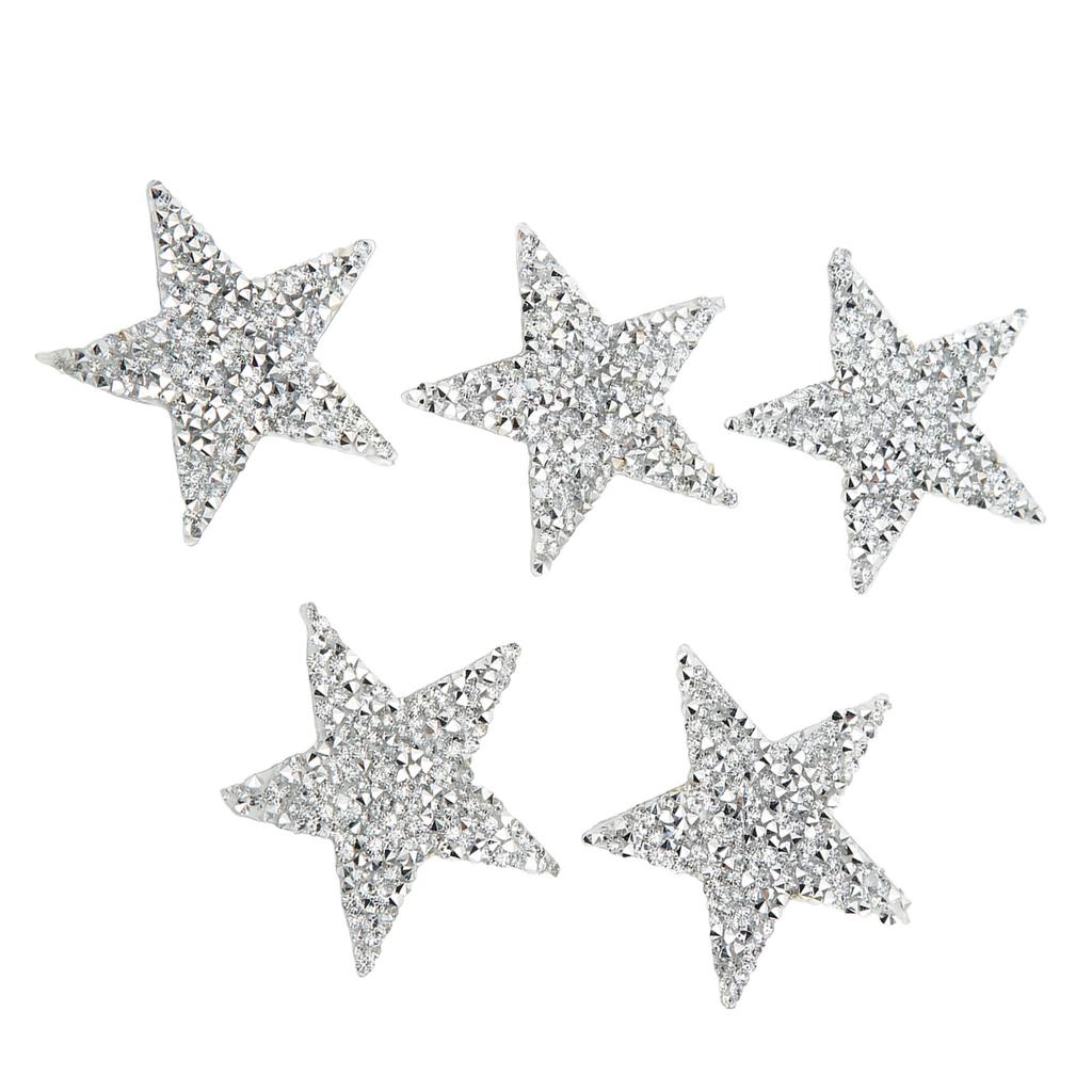 5 Pcs Star Iron On Patches 6cm Silver Resin Shiny Rhinestone Five Pointed Star Hot Melt Adhesive