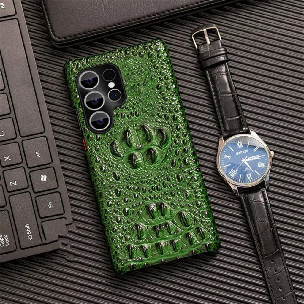 Echte Rindsleder Dünne Hülle Für Samsung Galaxy S10 S20 S21 S22 S23 S24 S25 Plus Ultra 3D Krokodil Schädel Rückseite Hülle