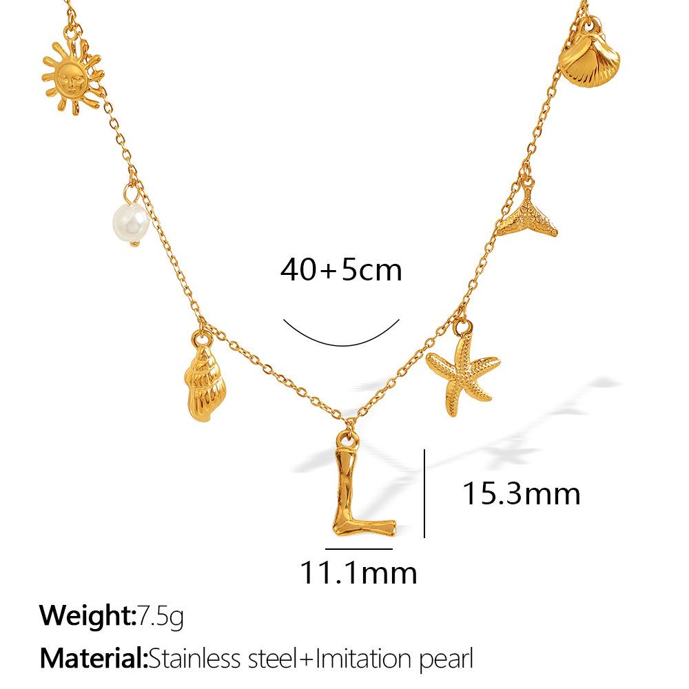 New Arrival Gold Boho Ocean Conch Starfish Shell Charm Necklace Stainless Steel A-Z Alphabet Initial Letter Beach Necklace Women