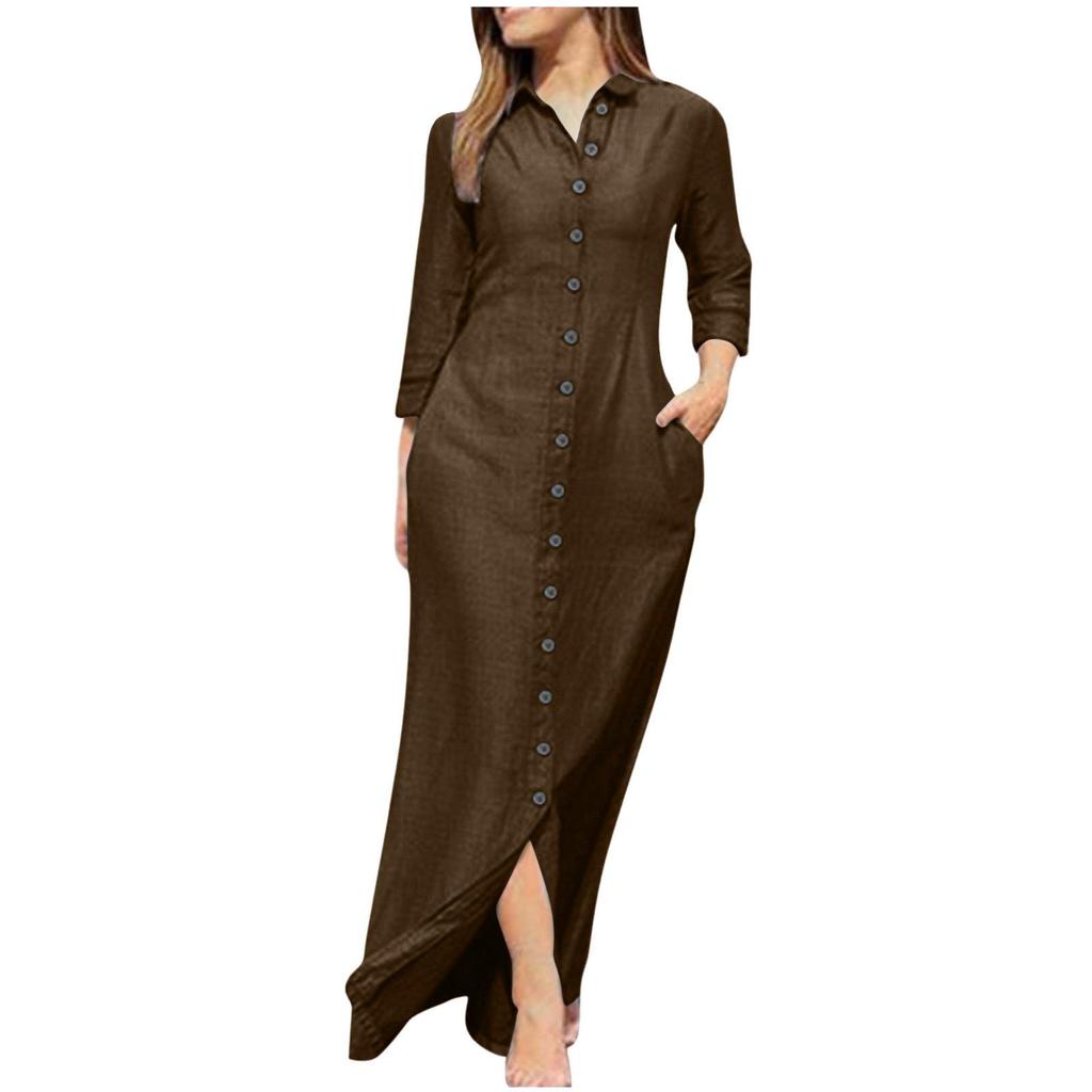 Elegant European & American Women's Long Sleeve Cotton Linen Cardigan Dress