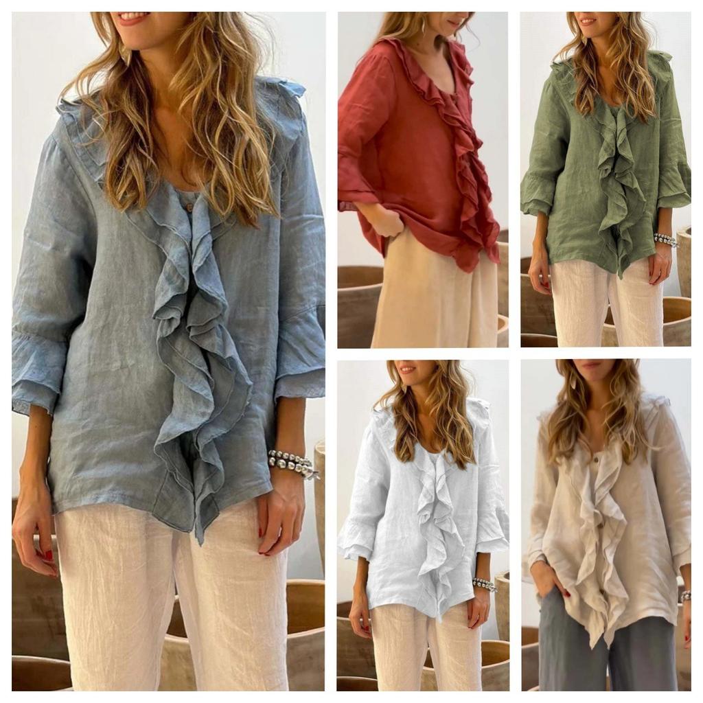 European American Style Leisure Autumn Solid Color V-neck Flutter Sleeve Ruffled Trim Multi-button Cardigan Open Top with Curved Hem