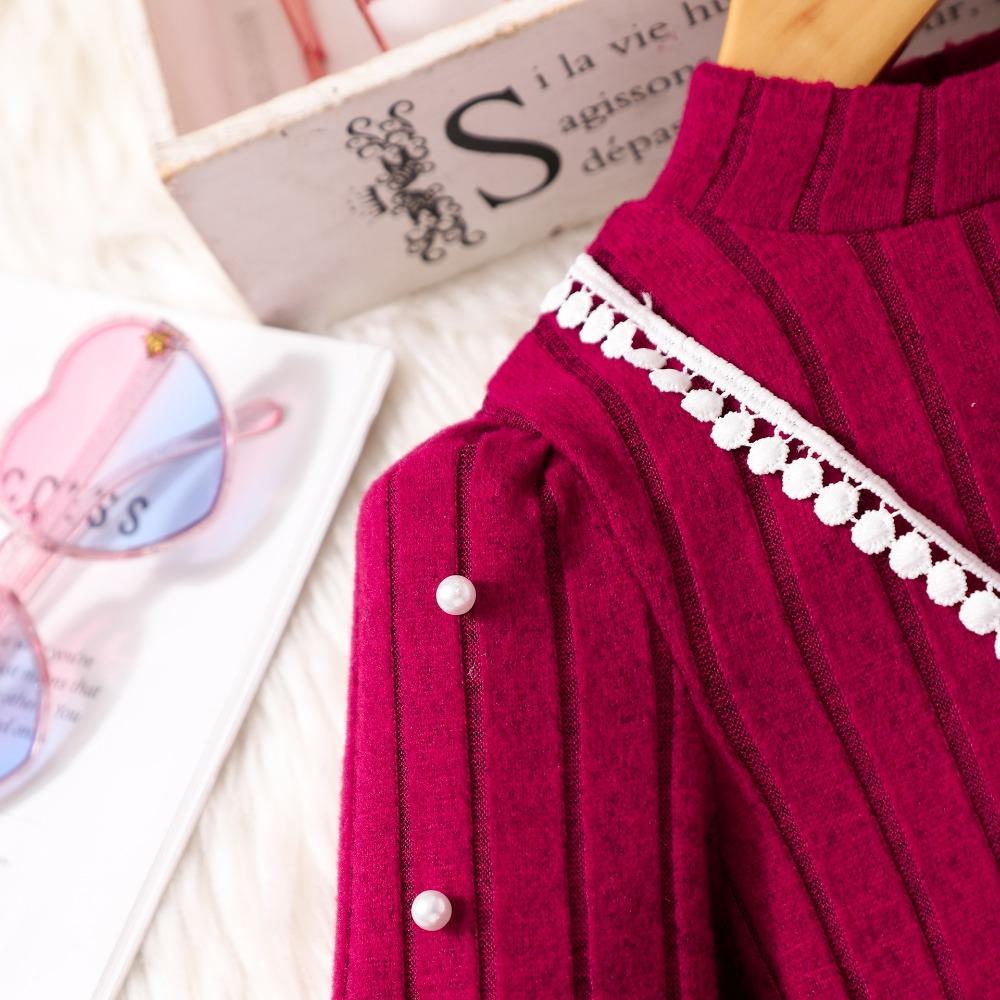 4-8Y Girls' High-Neck Long-Sleeve Solid Color Knit Dress Children's Fall/Winter Fashion Beaded Dress