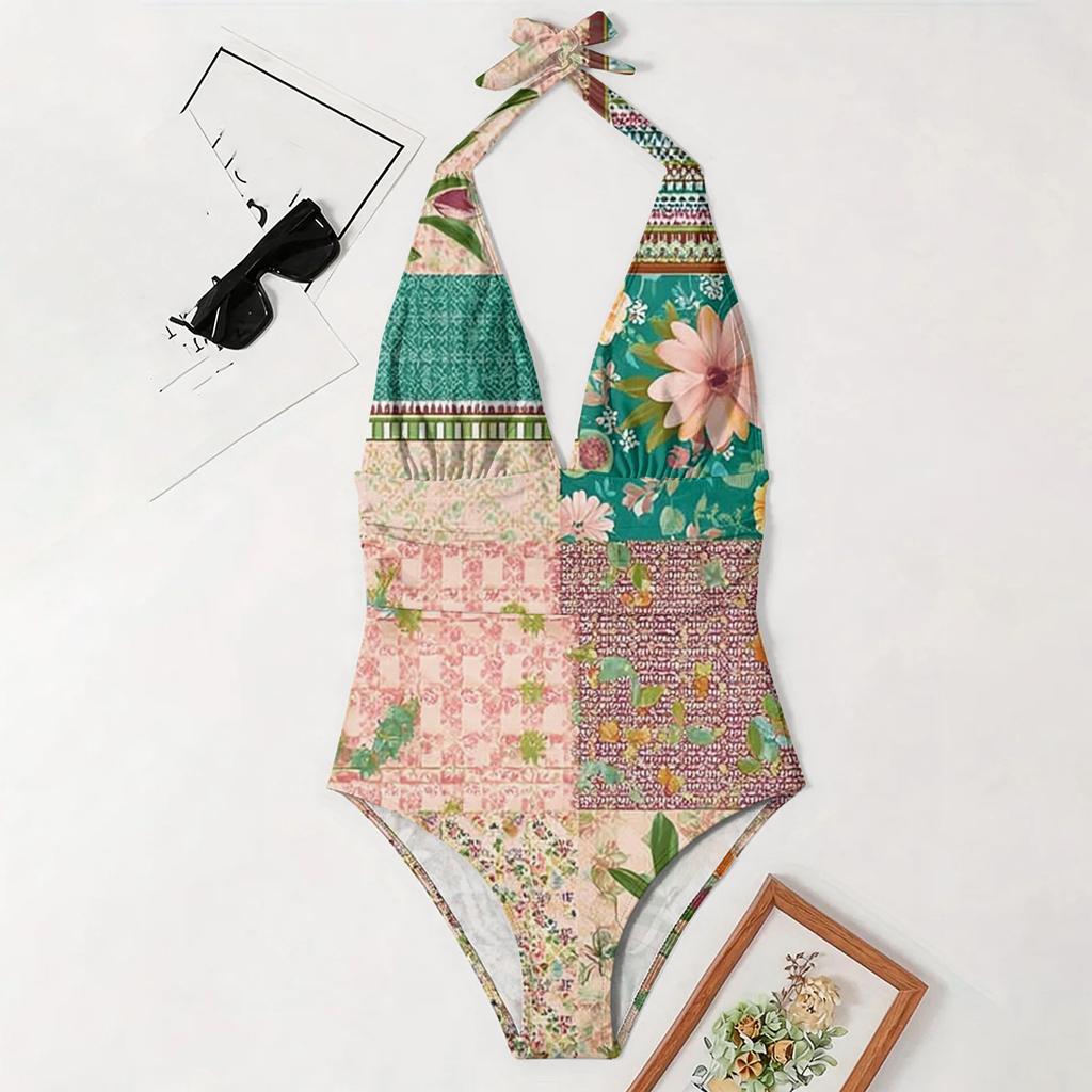 Women Boho Patchwork Print Swimsuit Deep V Backless Slim Fit Bathing Suit Swimwear Beachwear