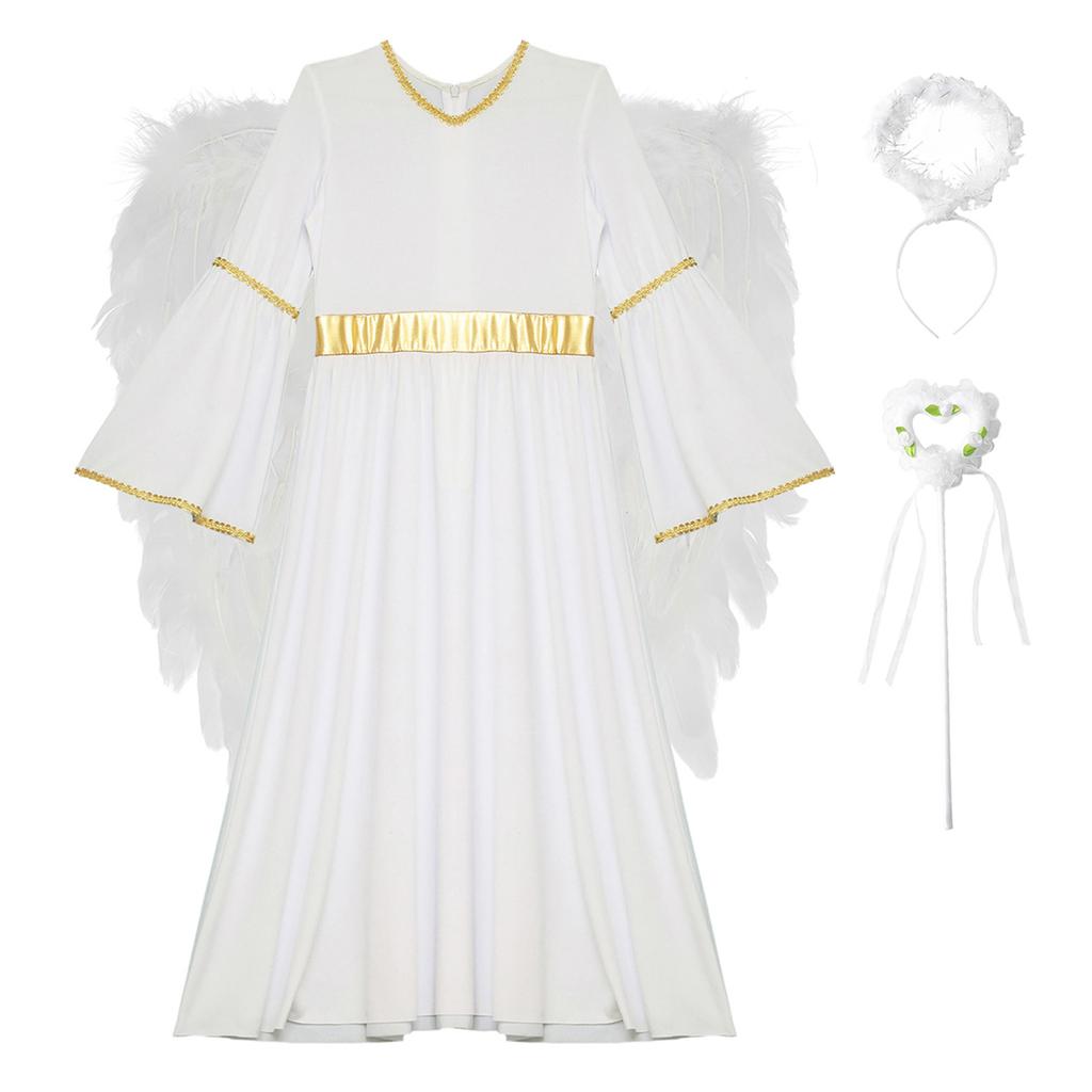 4 Piezas Disfraz de Ángel para Niñas Ropa de Cosplay Vestido Blanco de Manga Larga con Alas de Plumas Set de Diadema para Actuación de Halloween