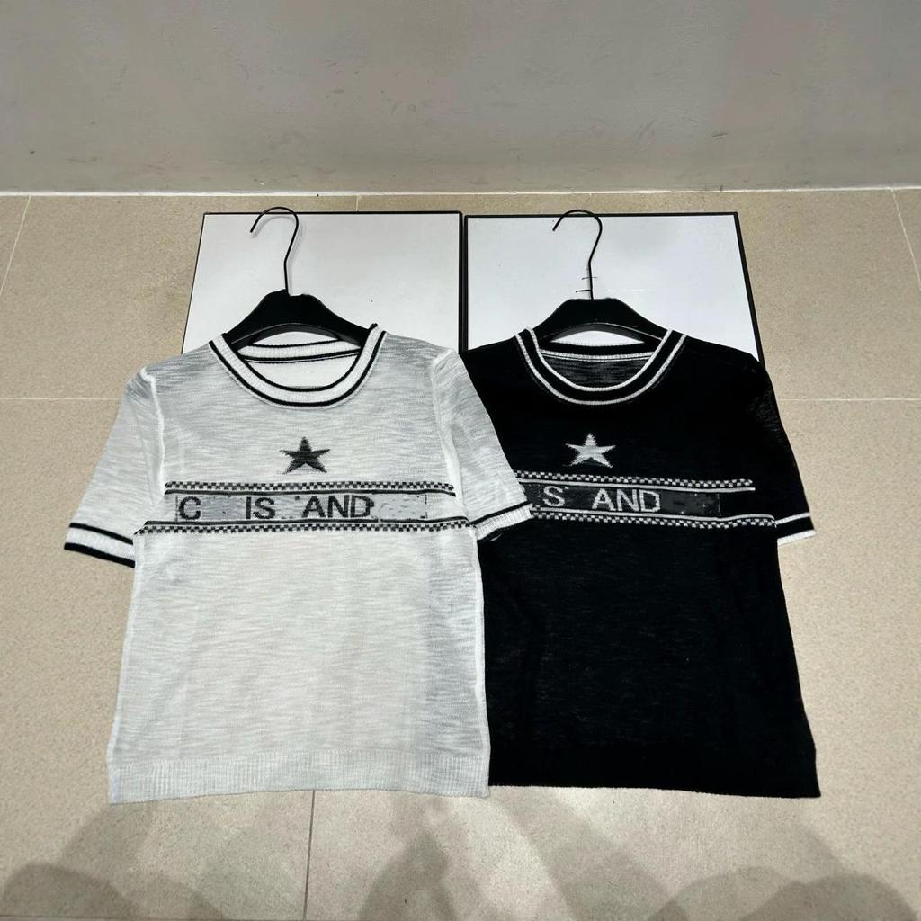 D Brand European-Style Star Letter Knit Round Neck Short Sleeve Top