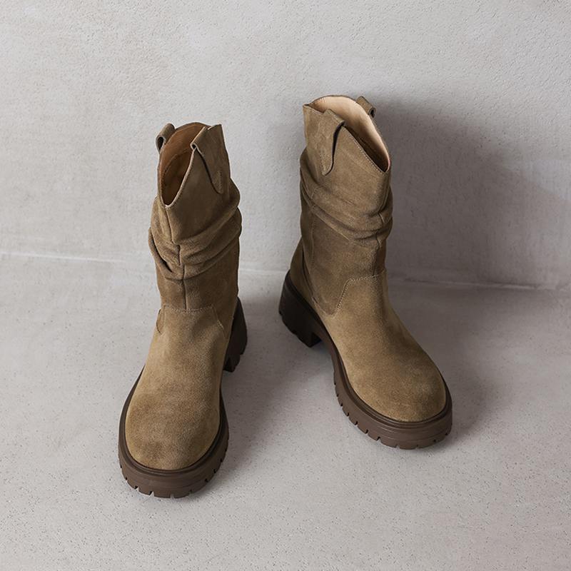 Krazing Pot Cow Suede Nubuck Winter Round Toe Western Boots Med Heels Pleated Decoration Women British School Mid-calf Boots