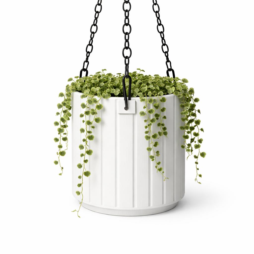 Weißer Hängeblumentopf mit Untersetzer für Blumen