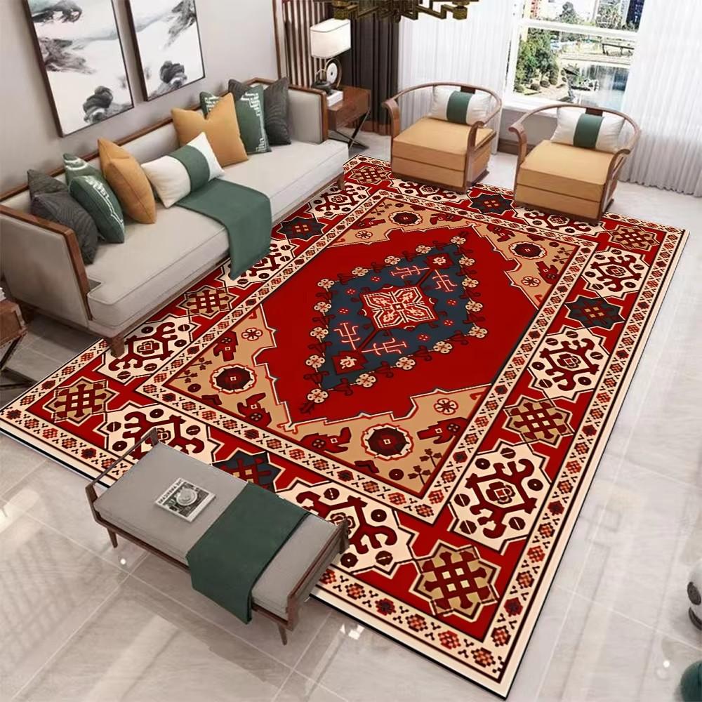 Alfombra Estampada Estilo Bohemio Rojo Retro Felpudo de Cocina Decoración Alfombra Vibrante para Sala de Estar Alfombra para Mesa de Café Antideslizante Lavable a Máquina