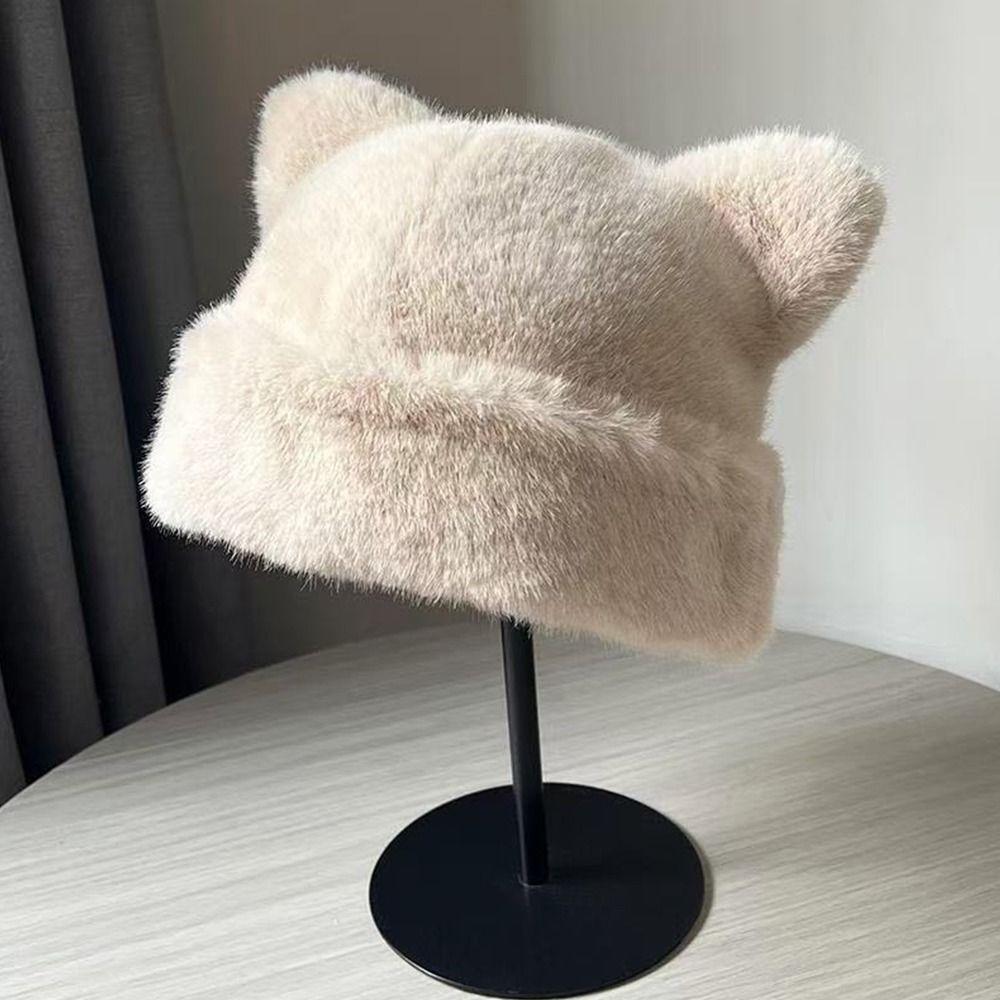 Fashion Warm Winter Hat Thicken Cute Ears Fluffy Fur Bucket Hat Soft Snowy Day Berets Women