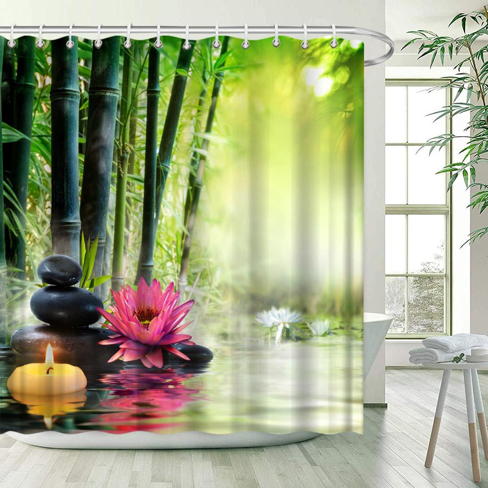 Green Bamboo Zen Stone Shower Curtains Lotus Flowing Water Zen Landscape Shower Curtain Home Bathroom Decoration Set with Hooks