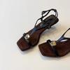 Fashion Retro Soft Leather, Summer Roman Shoes, Fairy-style Metal One-strap Square Toe High-heeled Sandals