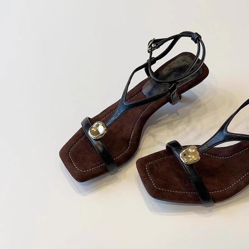 Fashion Retro Soft Leather, Summer Roman Shoes, Fairy-style Metal One-strap Square Toe High-heeled Sandals