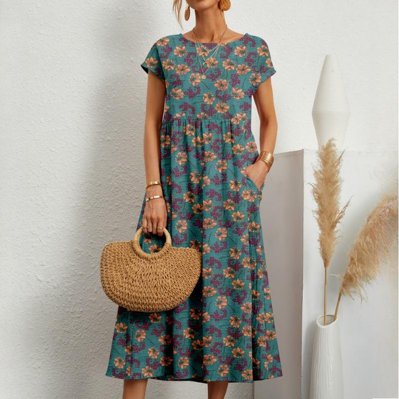 GMXIA Fashion Women's Loose Cotton and Linen O-Neck Printed Summer Dresses