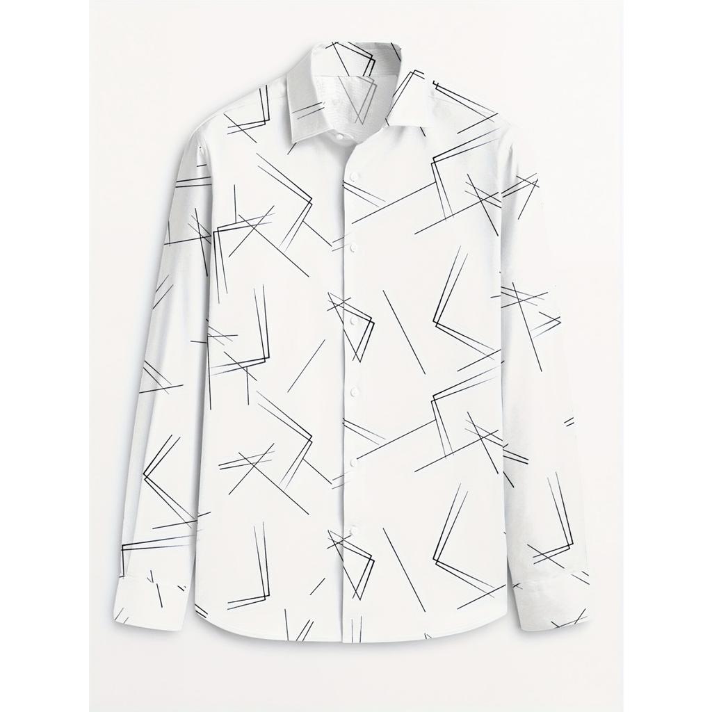 Men's Trendy Geometric 3D Line Print Long-Sleeved Shirt Men's Button up Shirt Casual Fashion Male White Shirt Lapel Shirt Tops