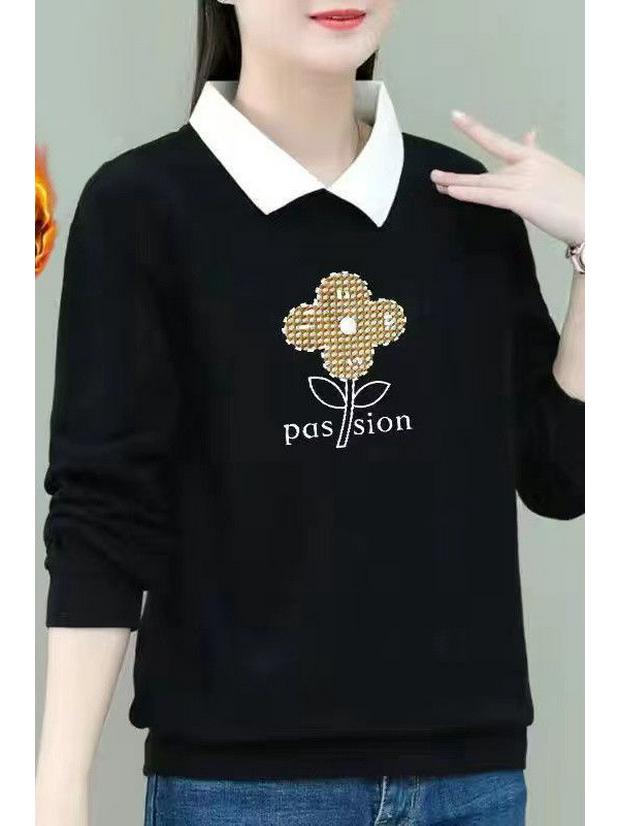 2025 Autumn/Winter Women's Plus Size Velvet Polo Collar Long Sleeve Cartoon Print Sweater