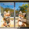 Pegatinas de Ventana Zorro de Primavera Zorro de Dibujos Animados Flores Mariposas Pegatina de Cristal Extraíble Animales Lindos Pegatinas de Ventana para Decoración de Hogar Oficina Tienda