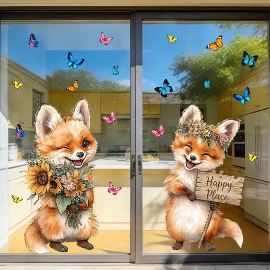 Pegatinas de Ventana Zorro de Primavera Zorro de Dibujos Animados Flores Mariposas Pegatina de Cristal Extraíble Animales Lindos Pegatinas de Ventana para Decoración de Hogar Oficina Tienda