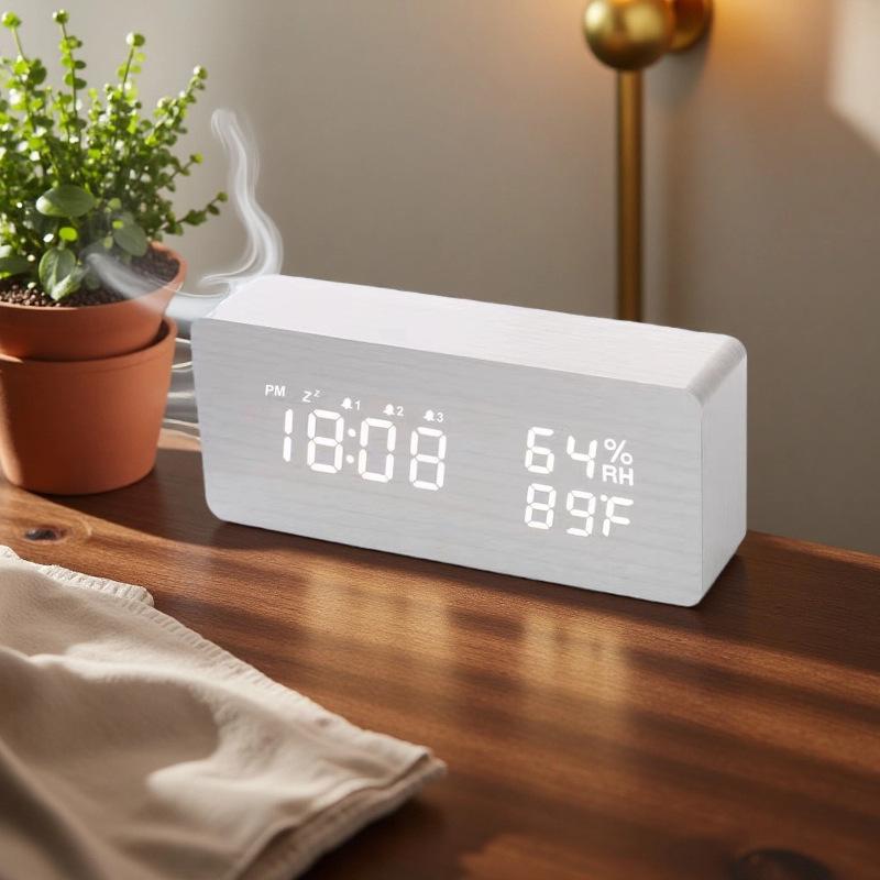 Upgraded Version of Simple Temperature and Humidity Wooden Clock Snooze Silent Alarm Clock LED Wooden Clock Electronic Clock Thermometer