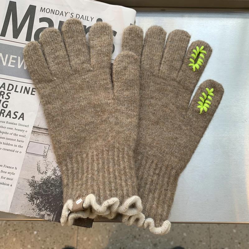 Fashionable Five-finger Glutinous Autumn and Winter Touch Screen Reveals Two Finger Warm Soft Women's Cute Wool Wool