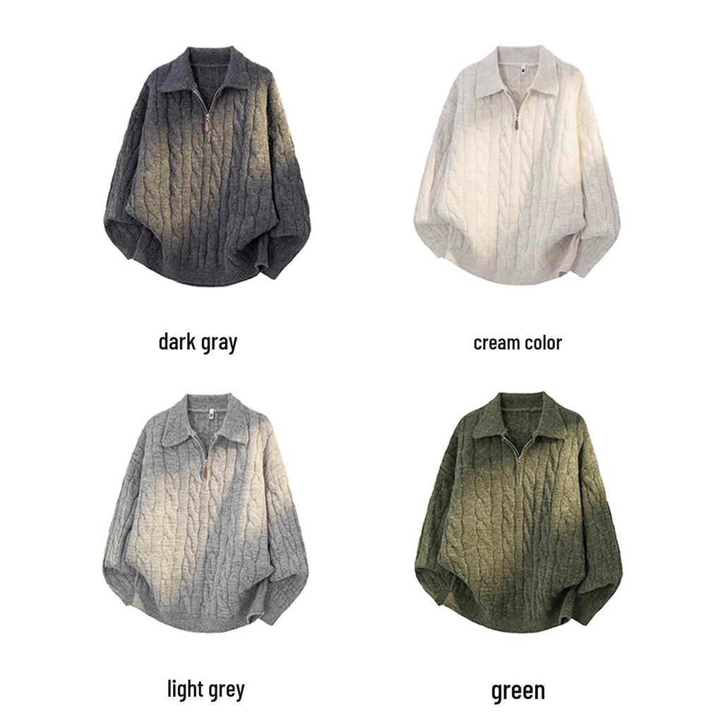 Men's Autumn Half-Zip Cable Knit Polo Sweater: Loose, Trendy American Heavyweight Knitwear