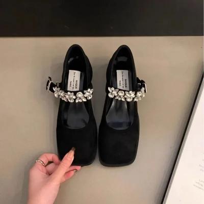 Fashion Mary Jane Leather Shoes Women Retro Thick-soled Black Shallow Mouth Rhinestones Thick Heel Single Shoes Black Low-heeled Shoes