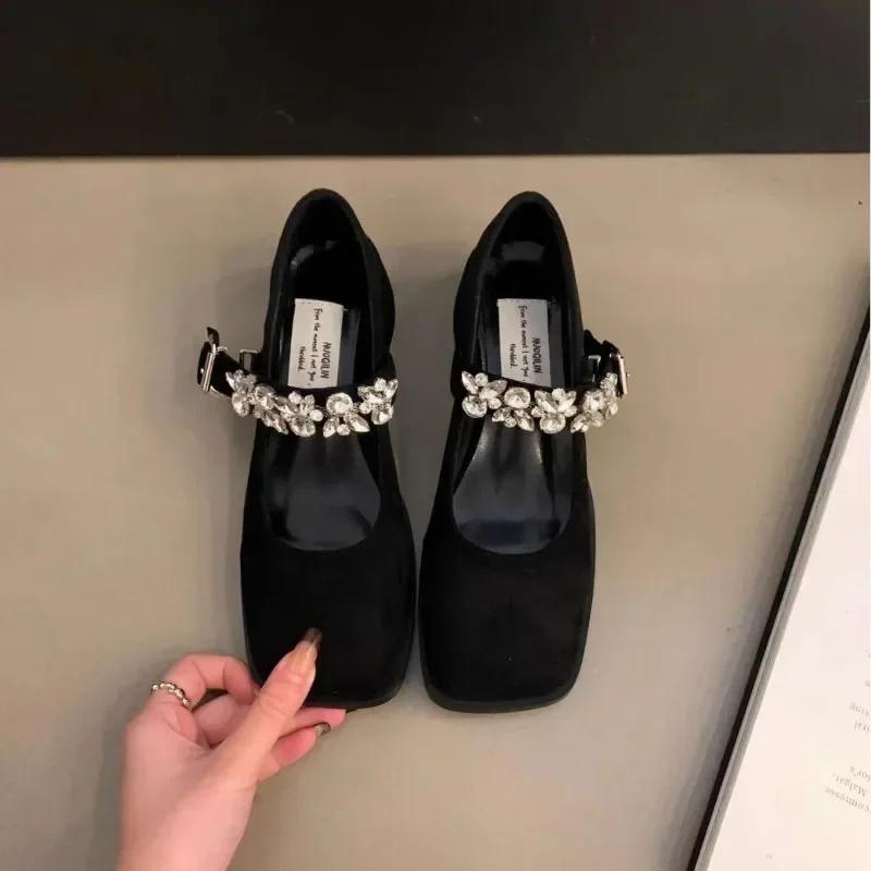Fashion Mary Jane Leather Shoes Women Retro Thick-soled Black Shallow Mouth Rhinestones Thick Heel Single Shoes Black low-heeled shoes