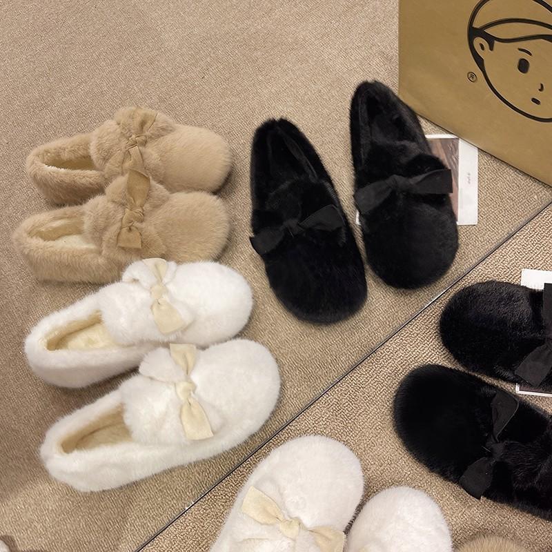 Fashion Flat-bottomed One-pedal Velvet Doudou Cotton Shoes for Women To Wear New Autumn and Winter Bow Warm Fluffy Shoes
