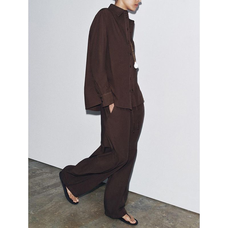 Cotton Pocket Poplin Long Sleeves Shirt 2183064 Mid Waist Poplin Wide Leg Casual Trousers 2183065